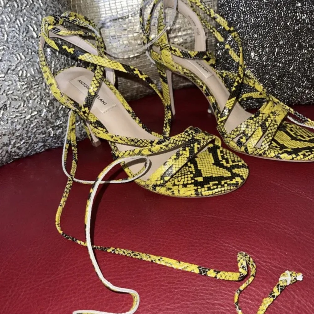 ANTONIO MELANI Vaylyn Snake Print Leather Lace Up Dress Sandals, Yellow/Blk (7.5 - Picture 4 of 6